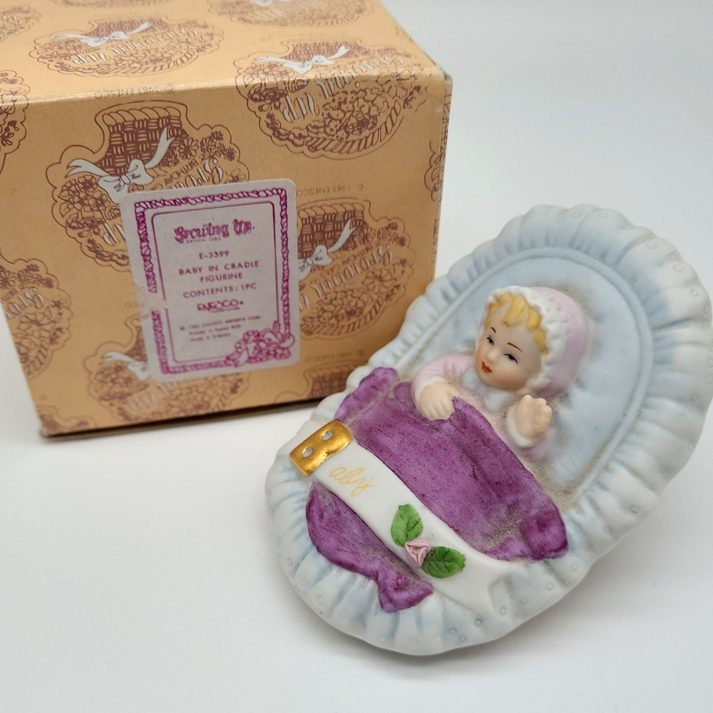 VTG 1983 Enesco Growing Up Birthday Girls Baby in Cradle Figurine In Box E-3399